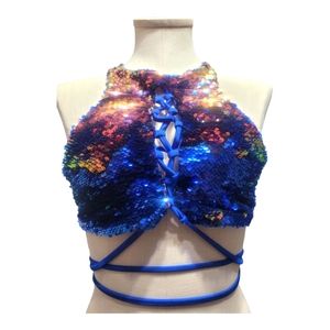 Pas Jalou royal blue iridescent sequin 2 piece bikini size XL Brand New